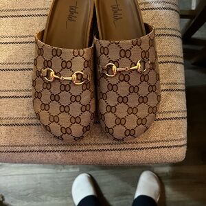 TALULAH Tan Monogram Slip-On Mules with Gold Bit